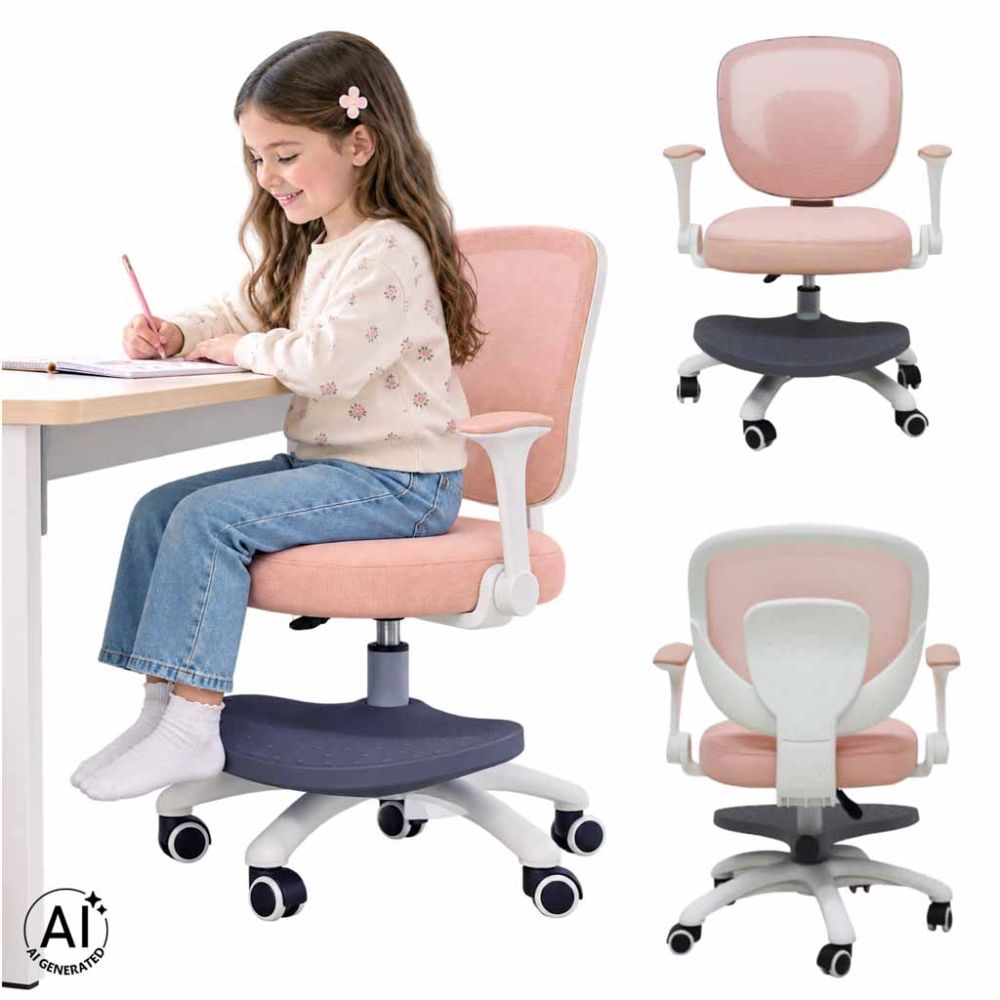 Vaikiška ergonomiška kėdė, pasukama, reguliuojamo aukščio, su kojų atrama, rožinė