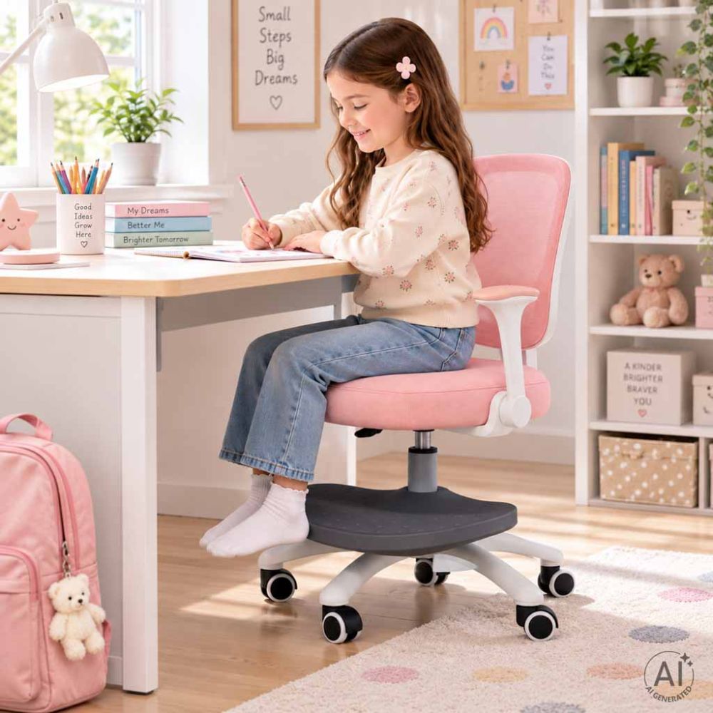 Vaikiška ergonomiška kėdė, pasukama, reguliuojamo aukščio, su kojų atrama, rožinė
