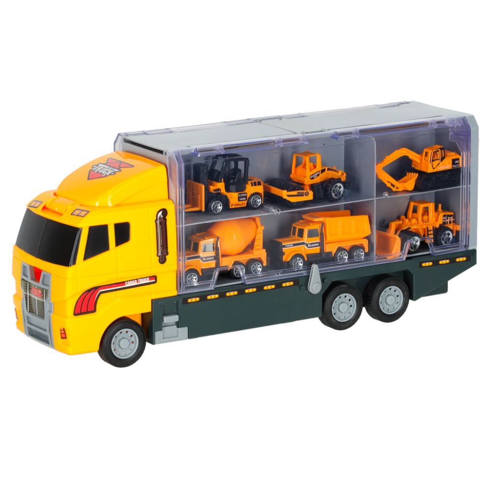 Transporterio sunkvežimis TIR paleidimo įrenginys + metaliniai automobiliai statybinės mašinos