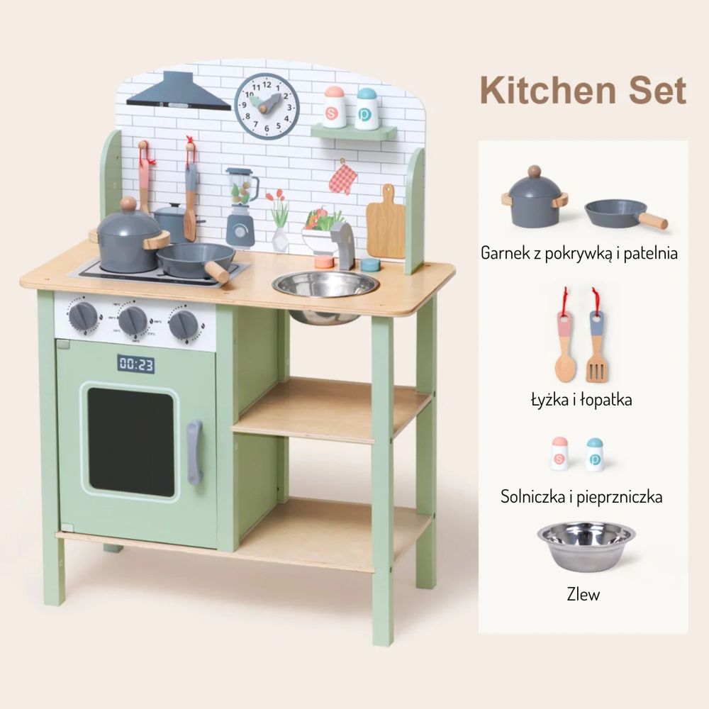 TOOKY TOY Green Wooden Kitchen with Accessories 