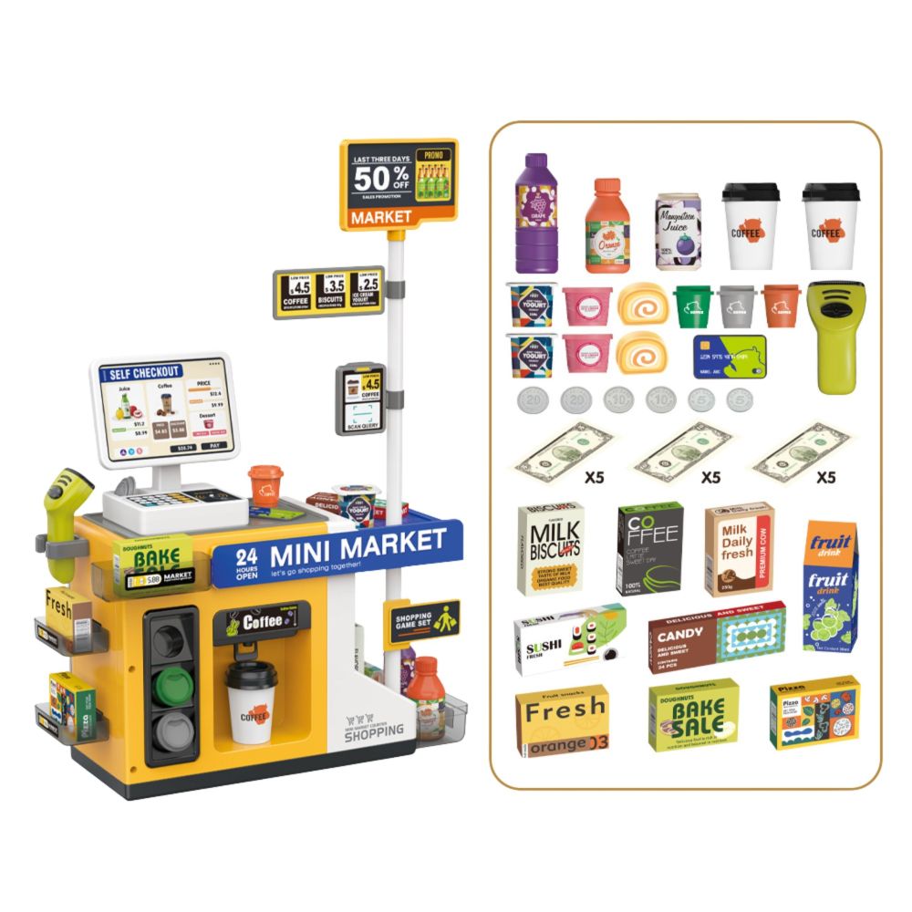 WOOPIE Mini Market Interactive Cash Register Scanner Accessories Sounds Light 