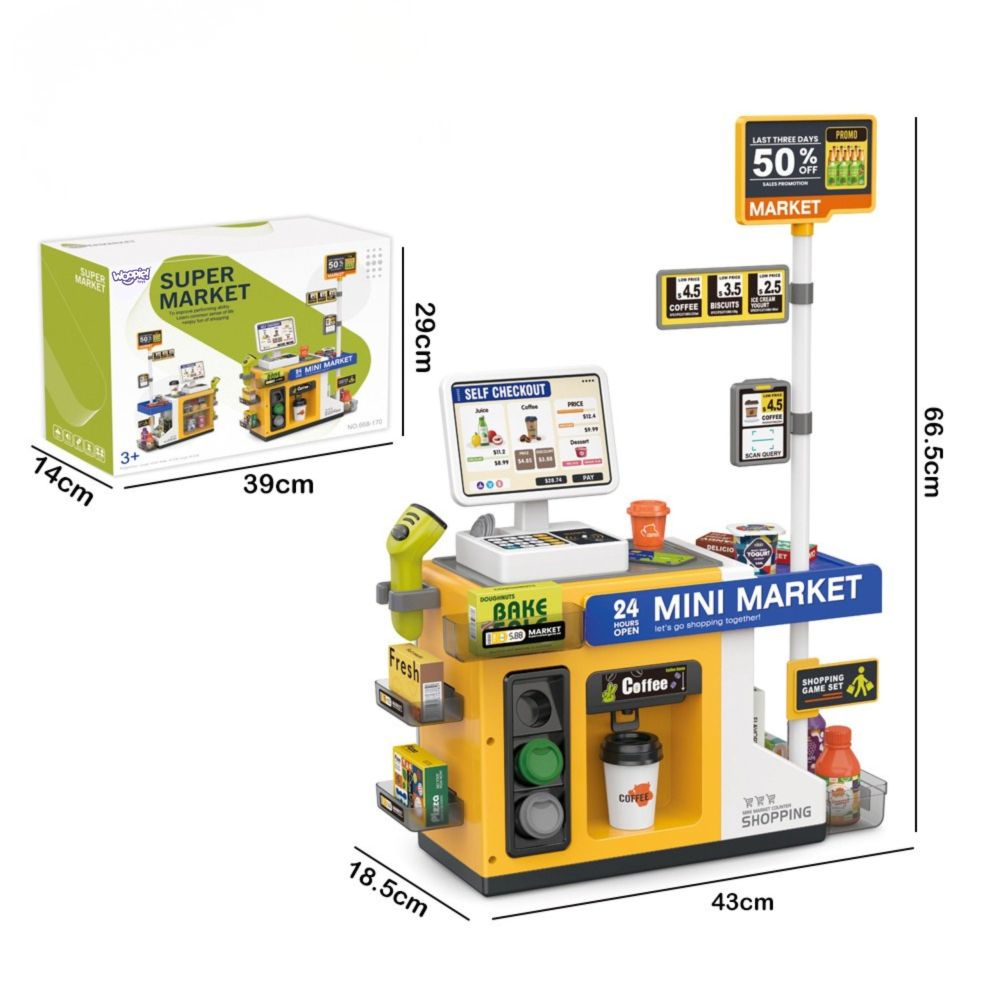 Mini prekybos centras WOOPIE interaktyvus kasos aparatas, skaitytuvas, priedai, garso efektai, apšvietimas