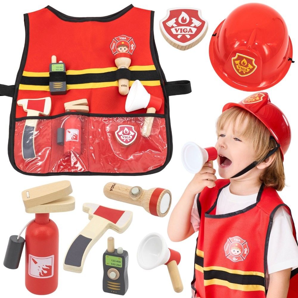 VIGA Little Firefighter Set Vest + Wooden Accessories 8 pcs. 
