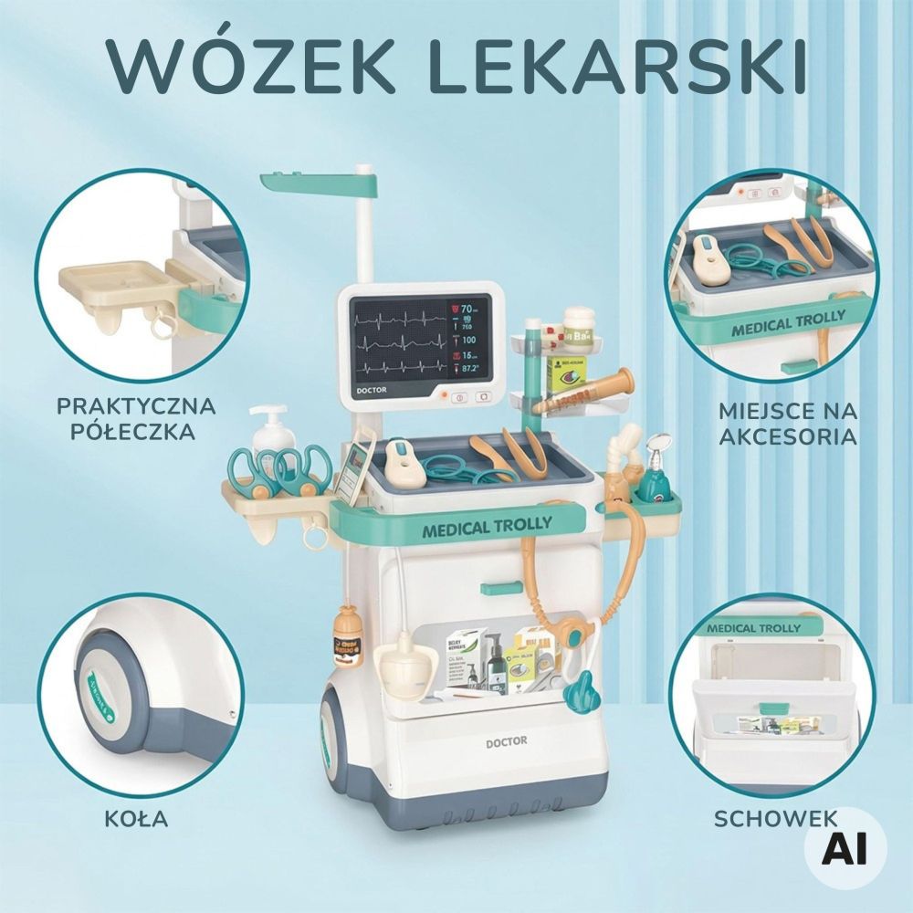 WOOPIE Doctor's Trolley Set Little Doctor EKG Sound Light Adjustable 26pcs 