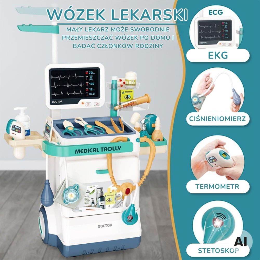 Gydytojo vežimėlio rinkinys WOOPIE Mažasis gydytojas su EKG garsu ir šviesa, reguliuojamas, 26 el.