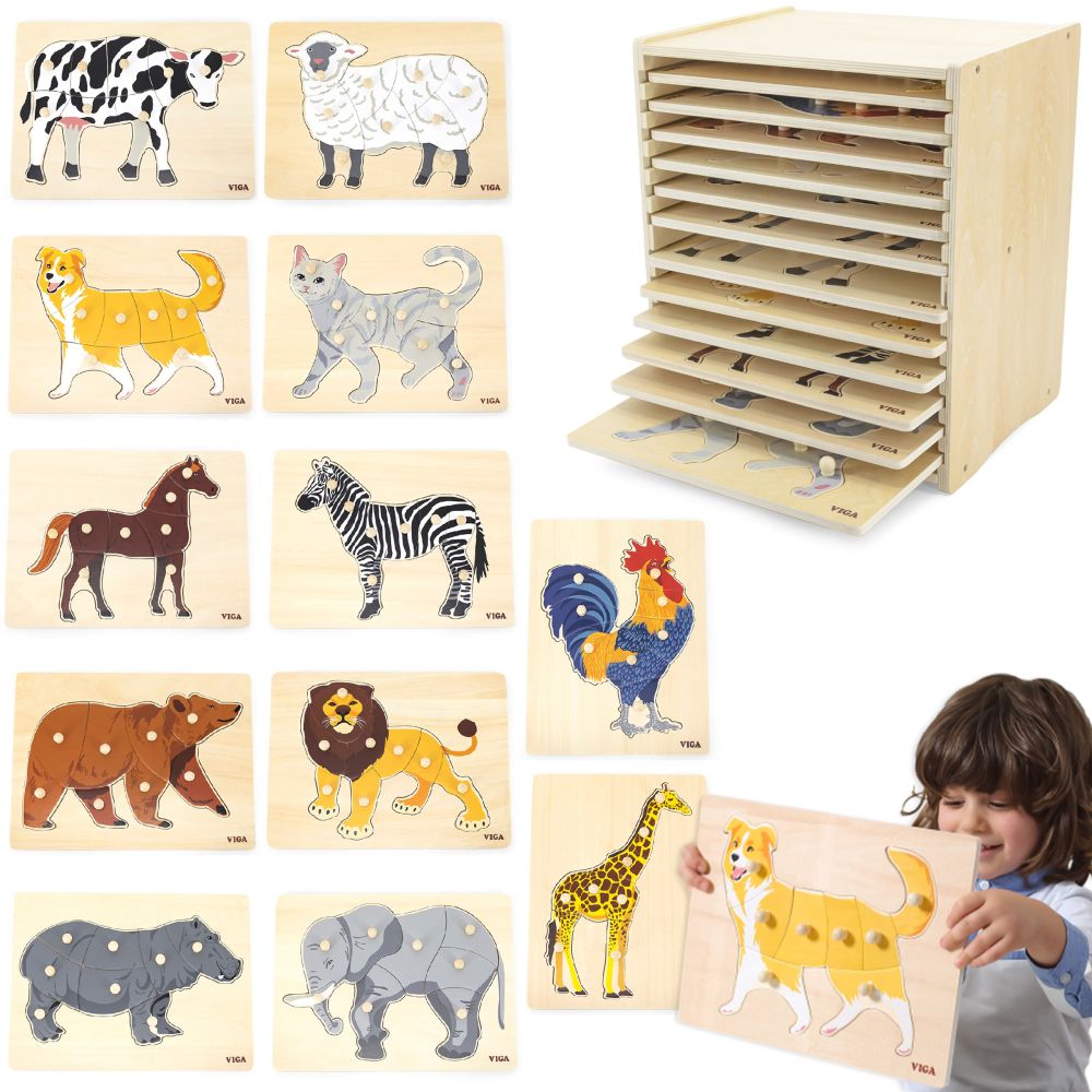 Medinių dėlionių rinkinys VIGA: 12 Montessori gyvūnų dėlionių + stovas