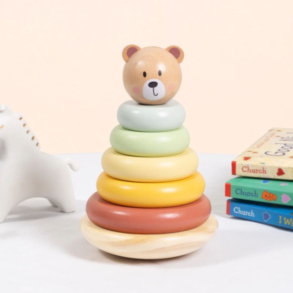 TOOKY TOY Wooden Sensory Puzzle Pyramid Teddy Bear Sensory Colorful Stacker 