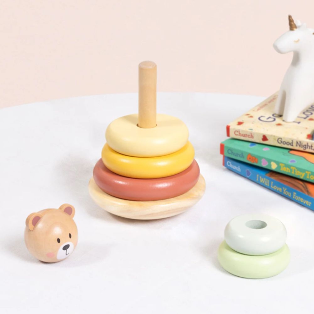 Medinė sensorinė dėlionė-piramidė TOOKY TOY Meškiukas, spalvotas