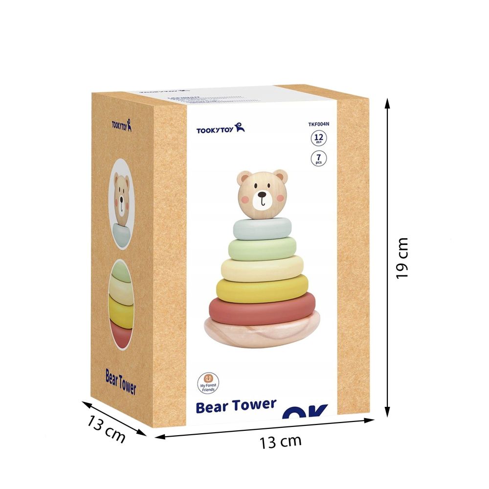 Medinė sensorinė dėlionė-piramidė TOOKY TOY Meškiukas, spalvotas