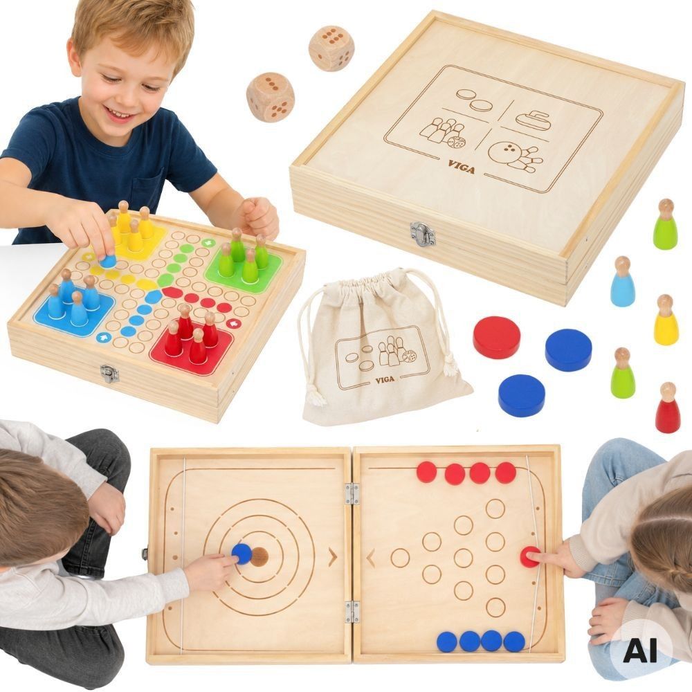 Arkadinis medinis žaidimas VIGA 4-in-1: ledo ritulys, kerlingas, boulingas, „Ludo“