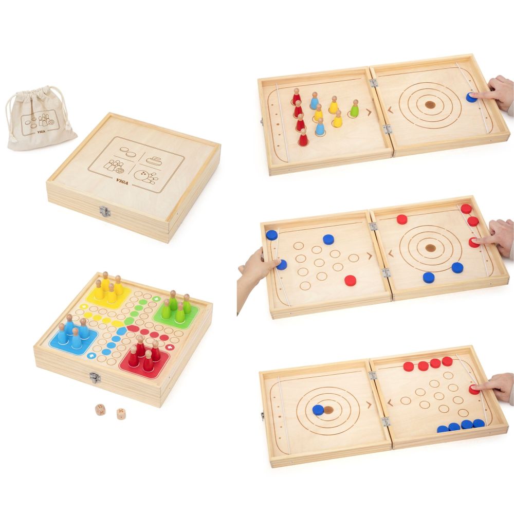VIGA Wooden 4-in-1 Arcade Game Table Hockey Curling Bowling Ludo 