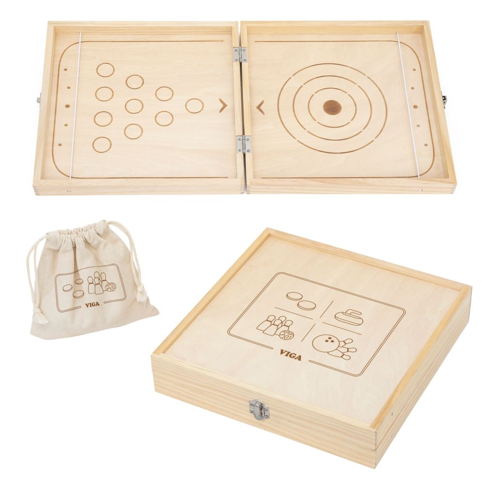 Arkadinis medinis žaidimas VIGA 4-in-1: ledo ritulys, kerlingas, boulingas, „Ludo“