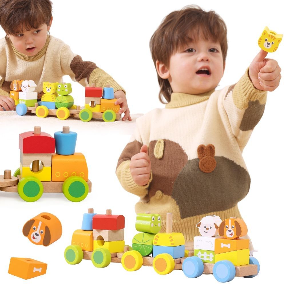 VIGA Wooden Stacking Train – Farm Animals 18M+ 17 pieces 