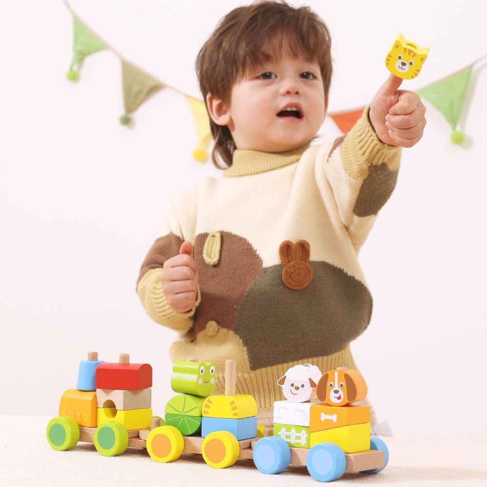 VIGA Wooden Stacking Train – Farm Animals 18M+ 17 pieces 