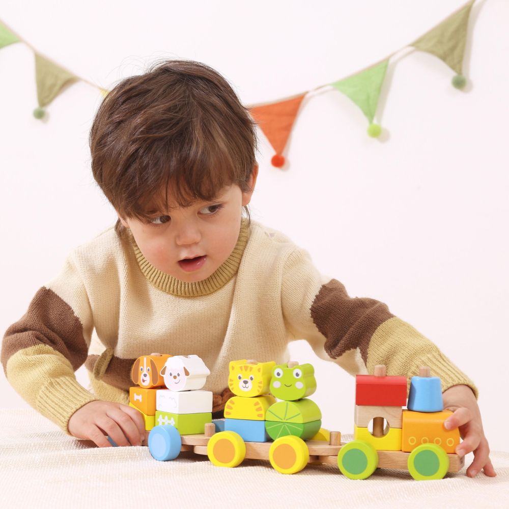 VIGA Wooden Stacking Train – Farm Animals 18M+ 17 pieces 