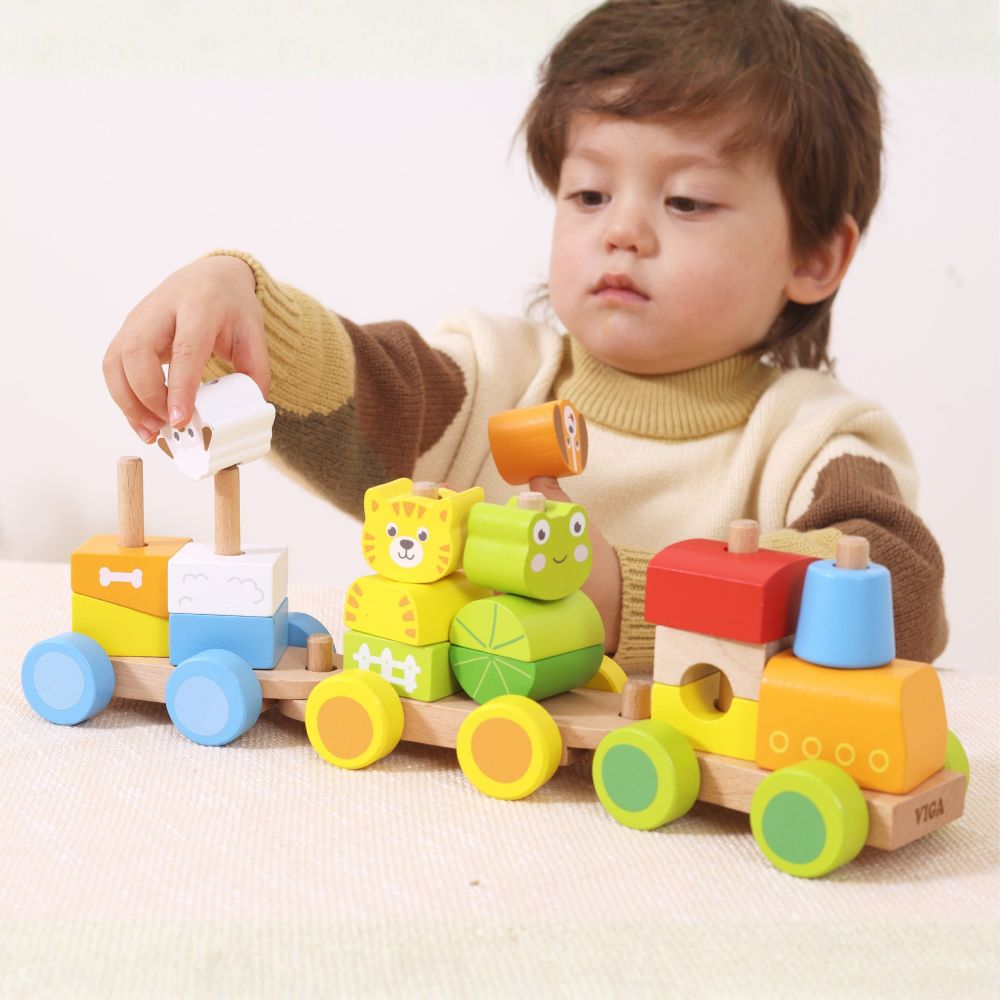 VIGA Wooden Stacking Train – Farm Animals 18M+ 17 pieces 