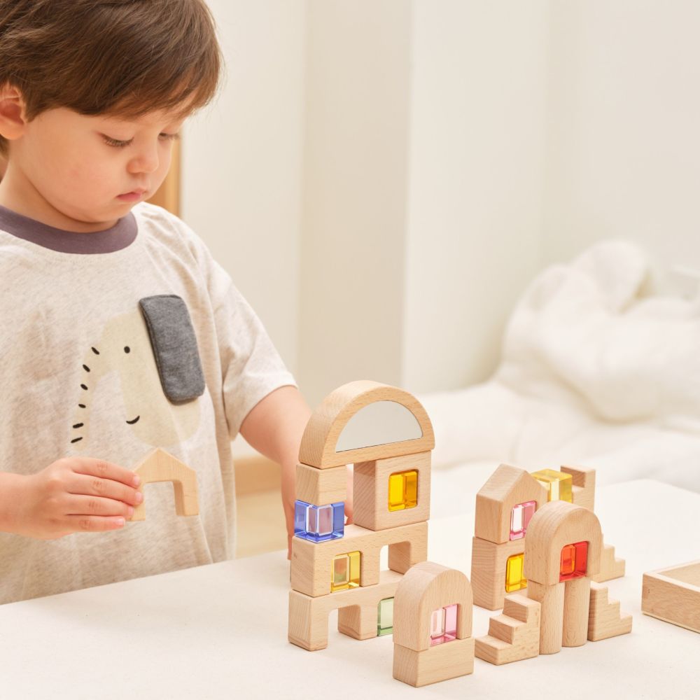 VIGA Wooden Construction Blocks with Colored Windows 32 pcs. 