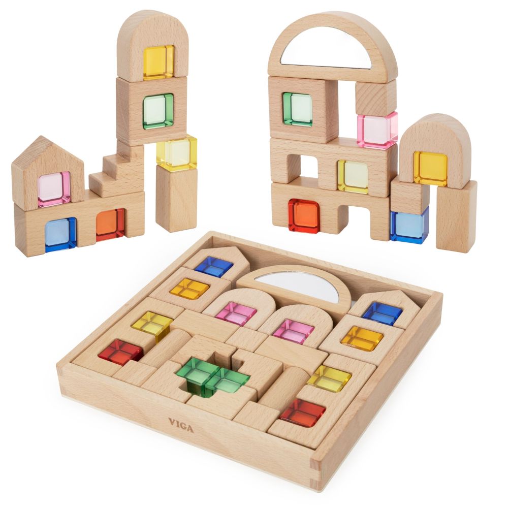 VIGA Wooden Construction Blocks with Colored Windows 32 pcs. 