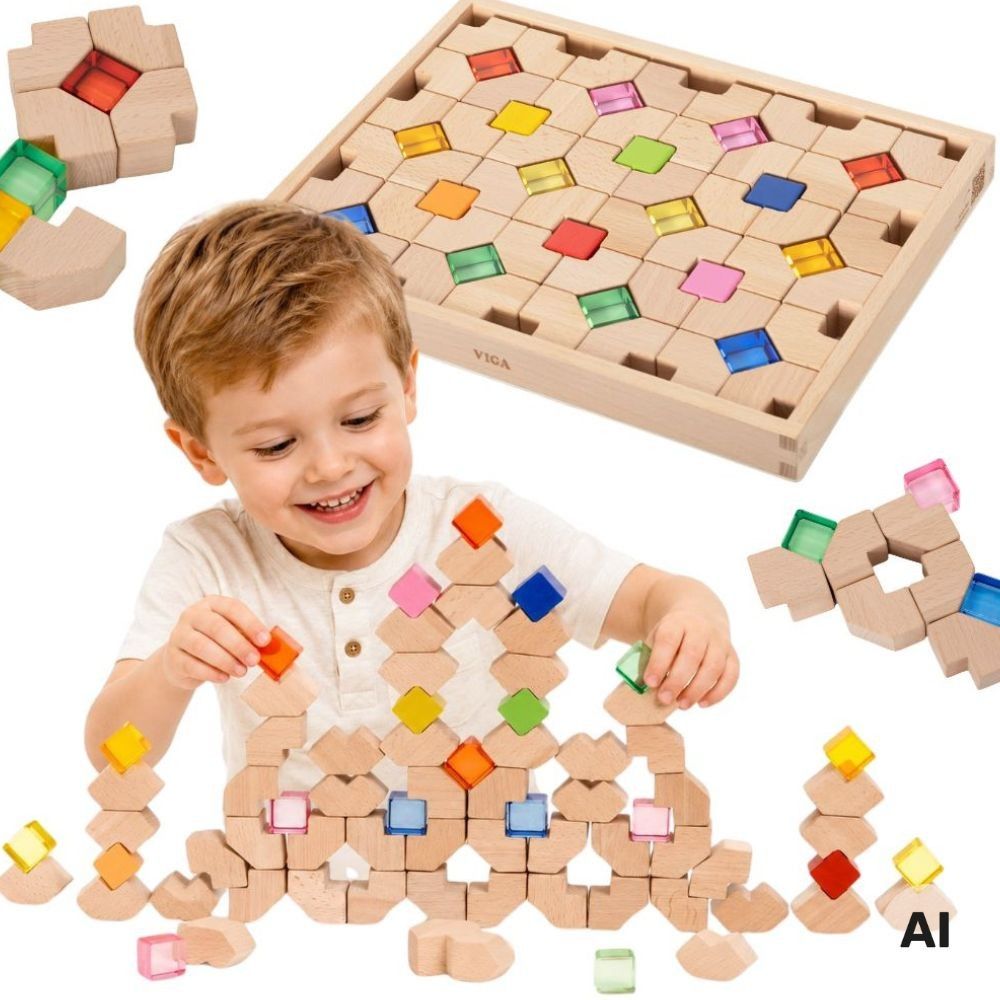 Mediniai akrilo šviesos blokai VIGA, konstruktorius, 66 vnt, nuo 18 mėn.
