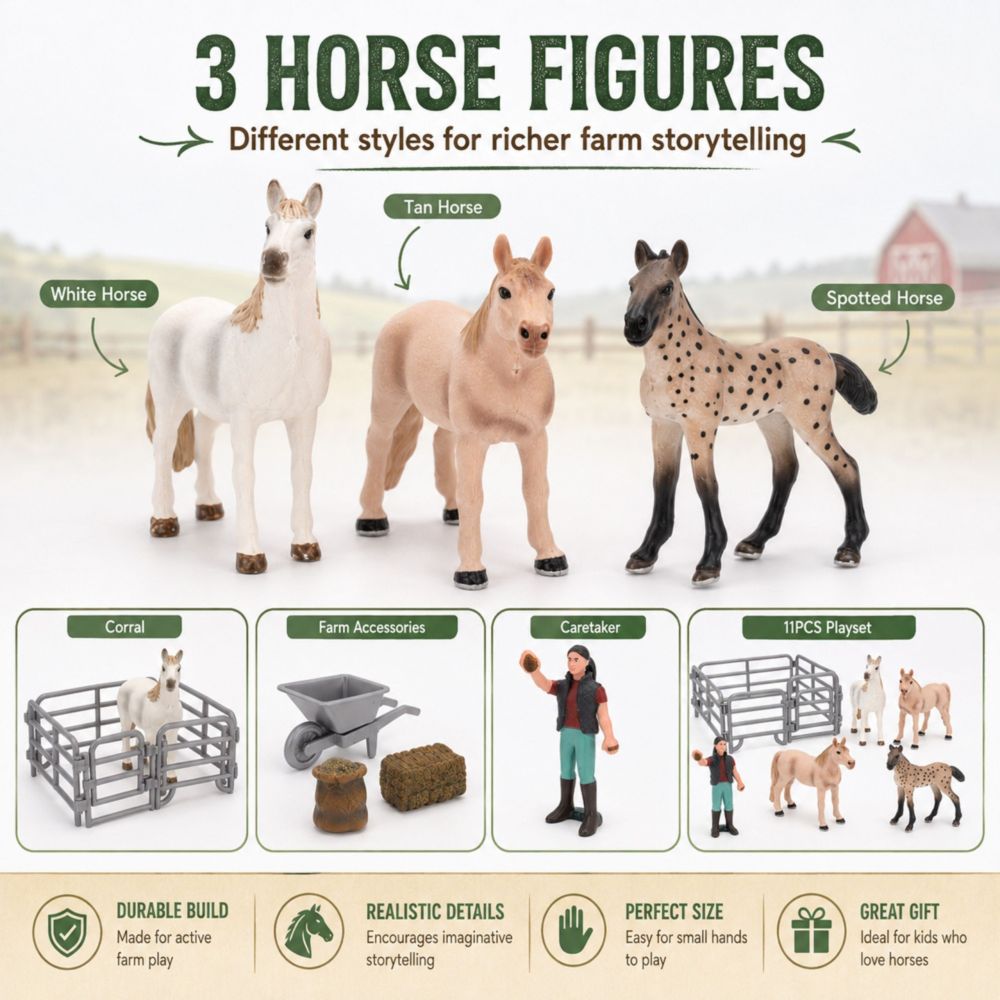 WOOPIE Farm Horses Figure Set Little Farmer 11 pcs Accessories 