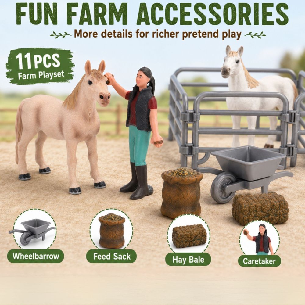 WOOPIE Farm Horses Figure Set Little Farmer 11 pcs Accessories 