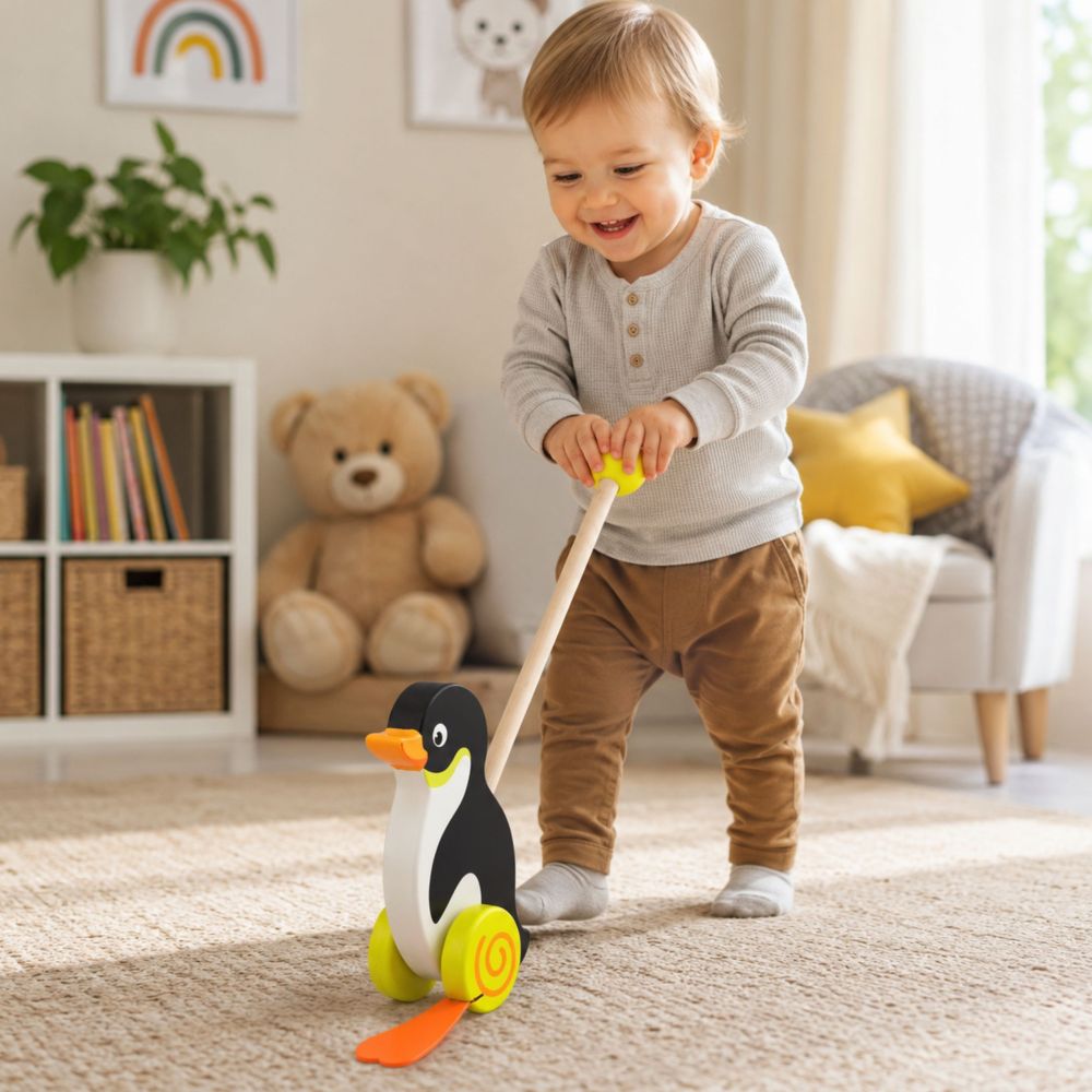 Medinis stumiamas pingvinas Viga Toys