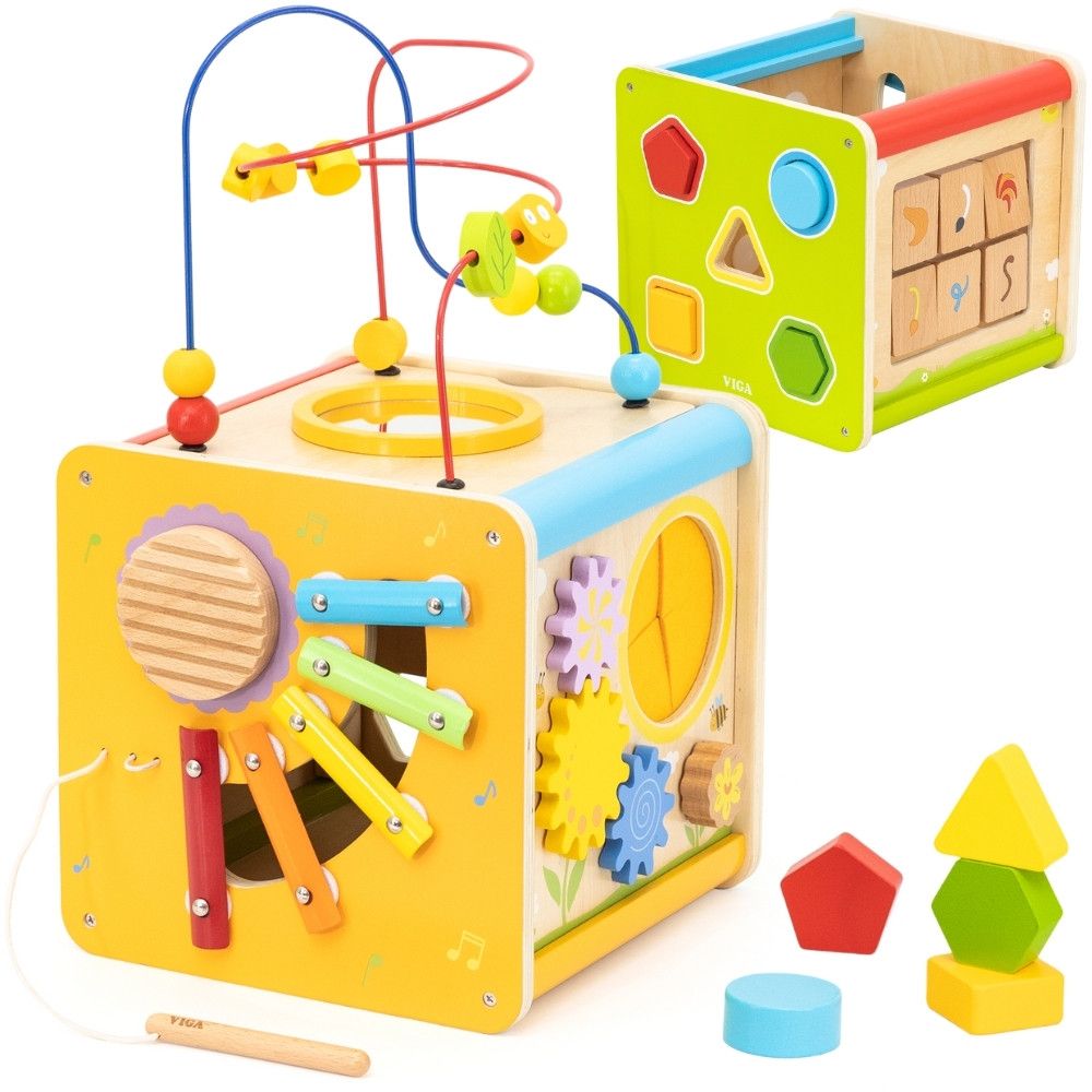 Viga PolarB Wooden Educational Cube 5 in 1 Motor Loop Labyrinth Sorter 