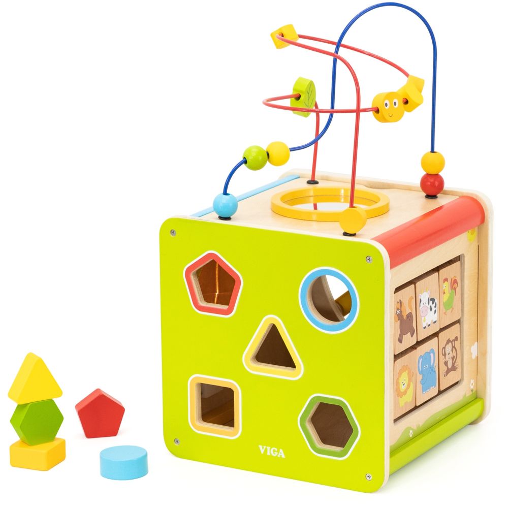 Viga PolarB Wooden Educational Cube 5 in 1 Motor Loop Labyrinth Sorter 