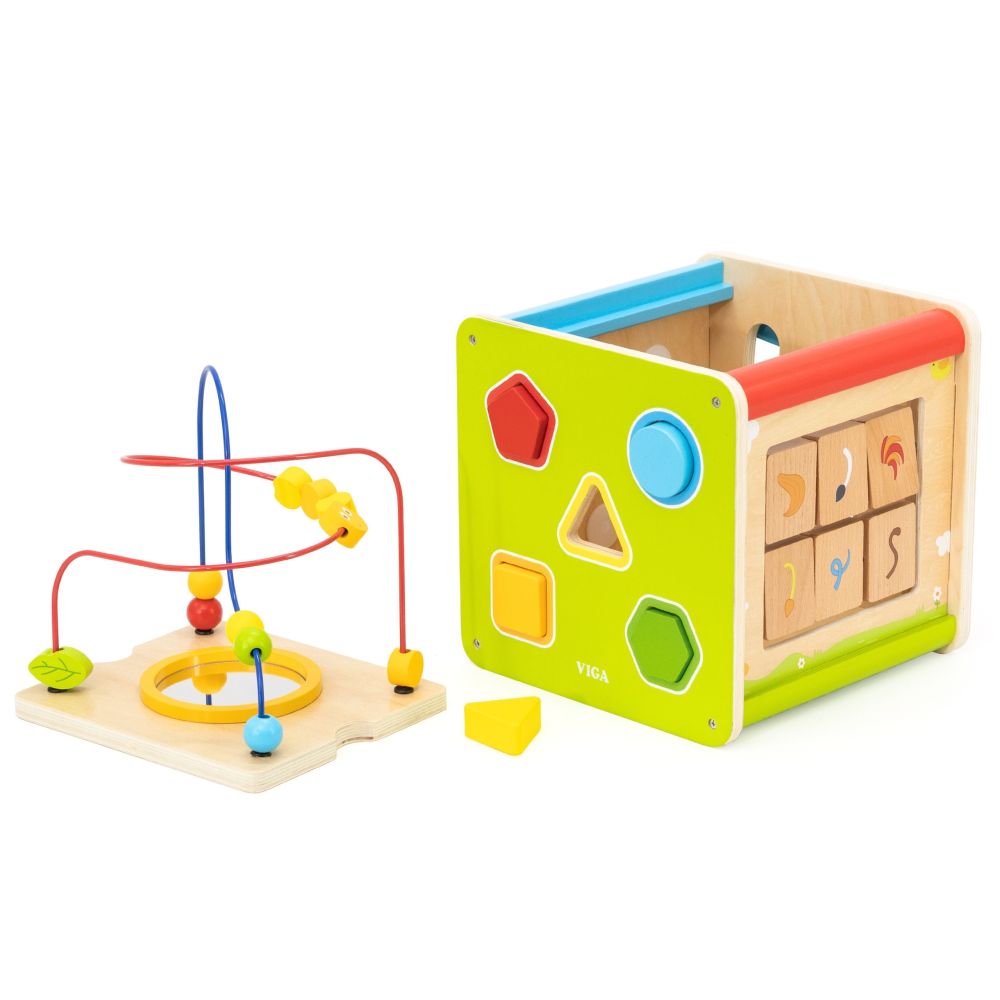 Viga PolarB Wooden Educational Cube 5 in 1 Motor Loop Labyrinth Sorter 