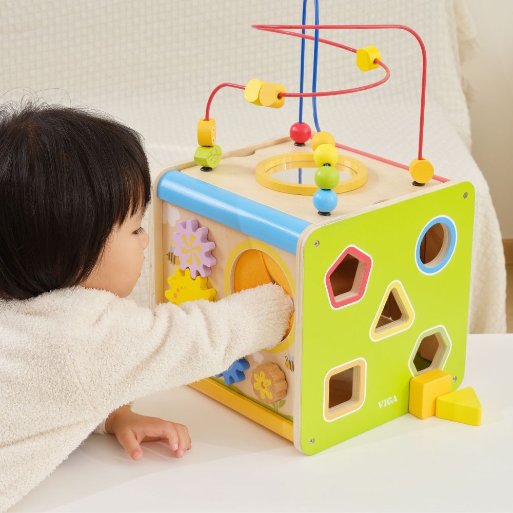 Viga PolarB Wooden Educational Cube 5 in 1 Motor Loop Labyrinth Sorter 