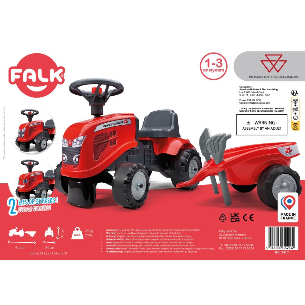 FALK Baby Massey Ferguson Red Tractor with Trailer + Accessories. From 1 year 