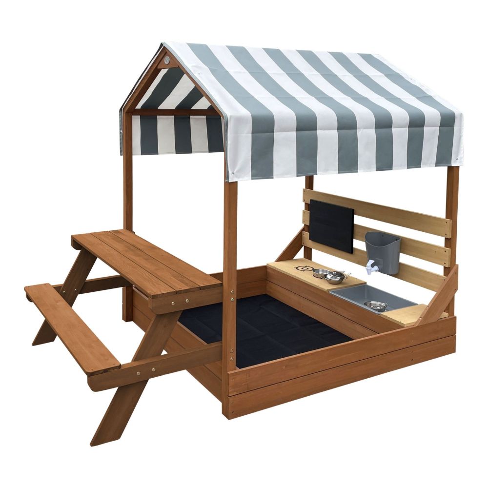 AXI Bo Sandbox with Roof Picnic Table with Bench Mud Kitchen Brown 