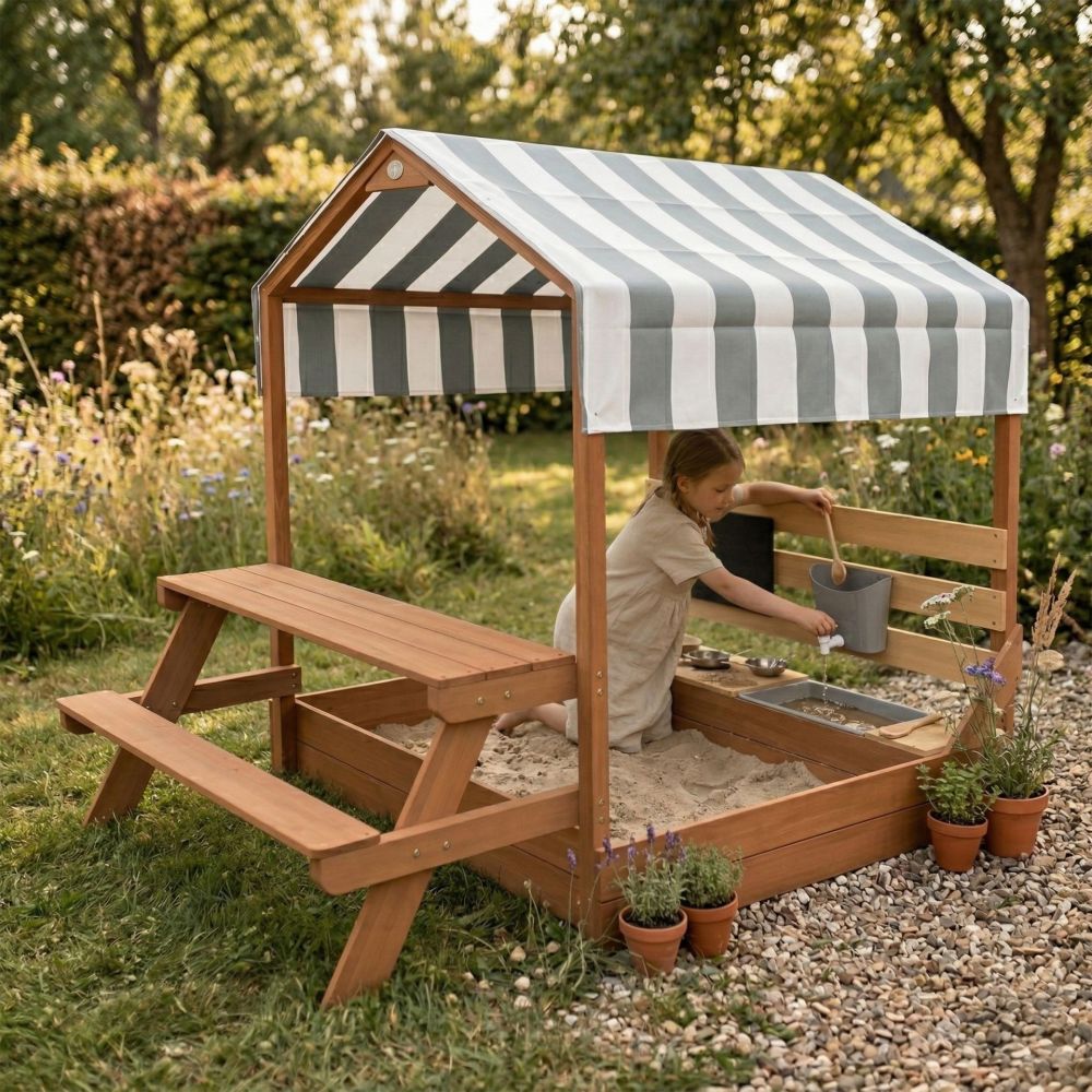 AXI Bo Sandbox with Roof Picnic Table with Bench Mud Kitchen Brown 