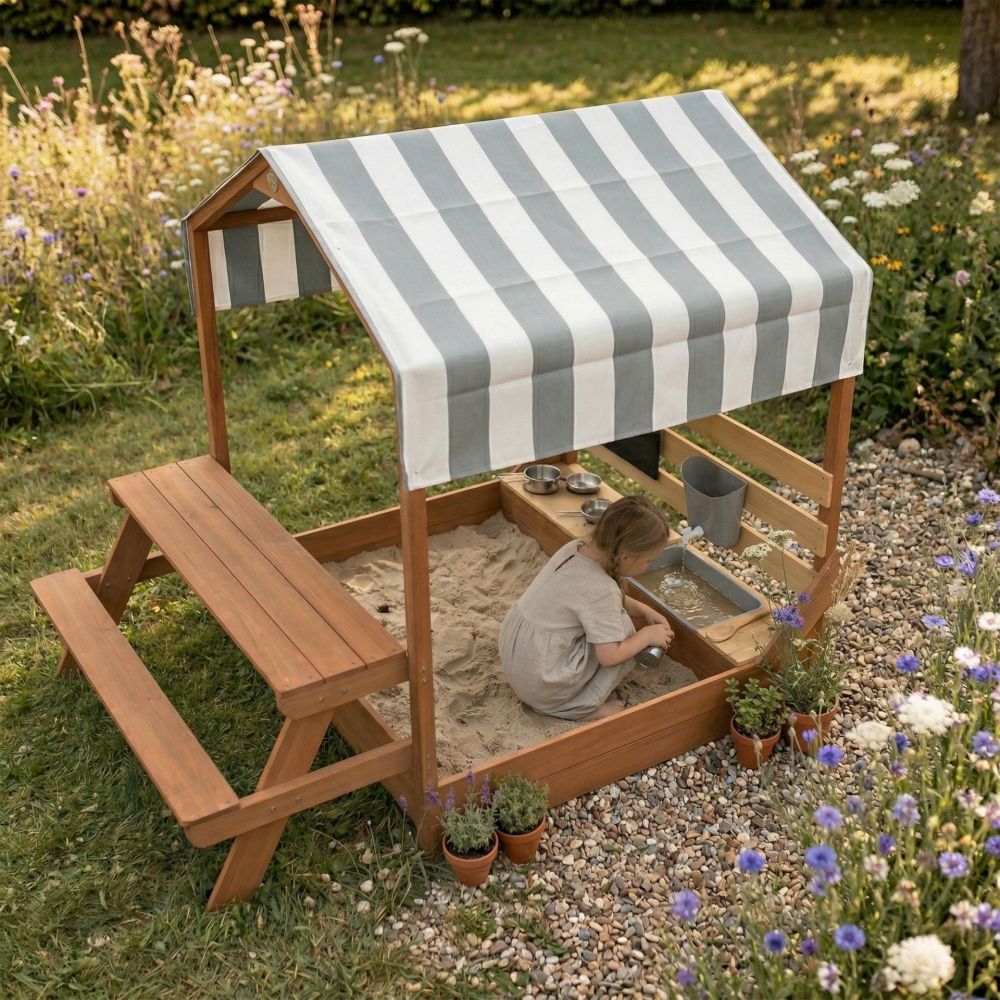 AXI Bo Sandbox with Roof Picnic Table with Bench Mud Kitchen Brown 