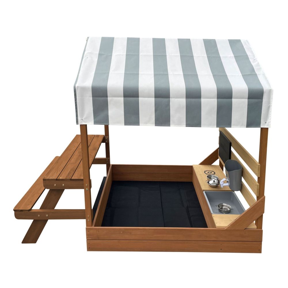 AXI Bo Sandbox with Roof Picnic Table with Bench Mud Kitchen Brown 