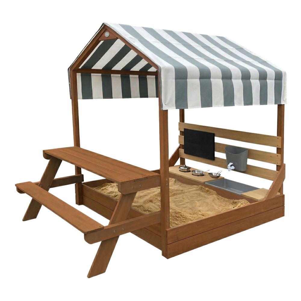 AXI Bo Sandbox with Roof Picnic Table with Bench Mud Kitchen Brown 