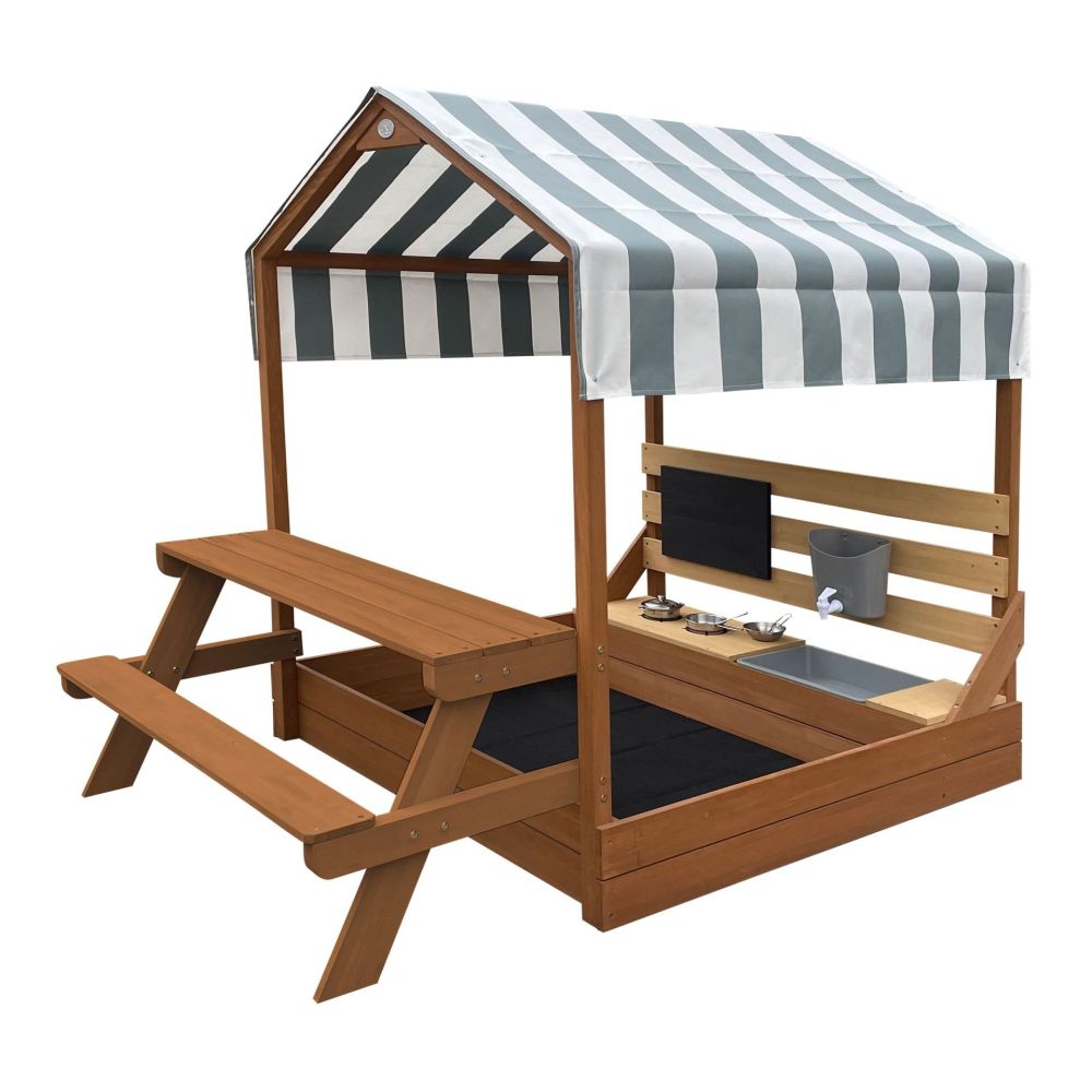 AXI Bo Sandbox with Roof Picnic Table with Bench Mud Kitchen Brown 