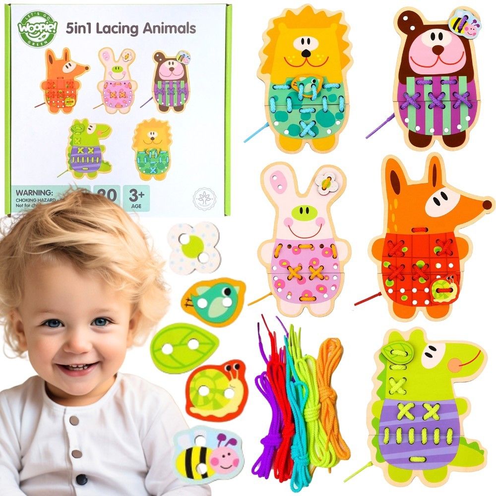 Edukacinis siūlų vėrimo rinkinys WOOPIE GREEN gyvūnėliai Wooden Lace 5-in-1