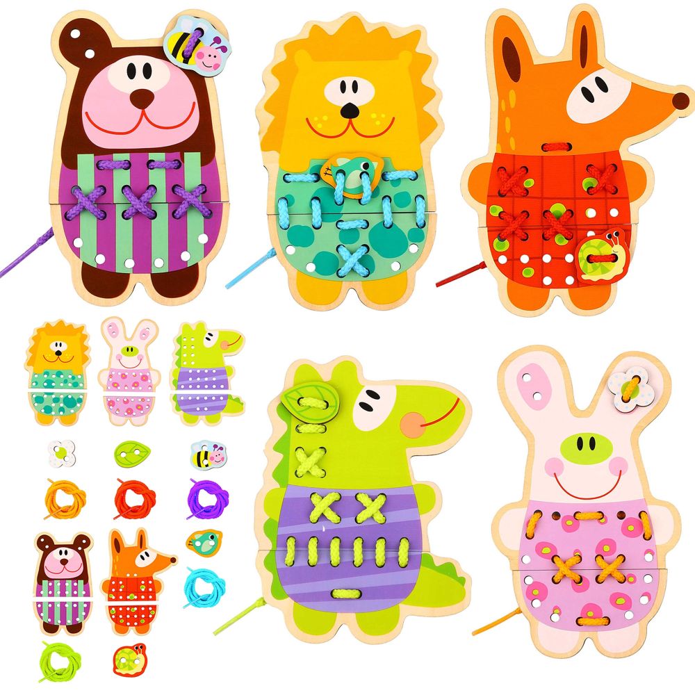 Edukacinis siūlų vėrimo rinkinys WOOPIE GREEN gyvūnėliai Wooden Lace 5-in-1