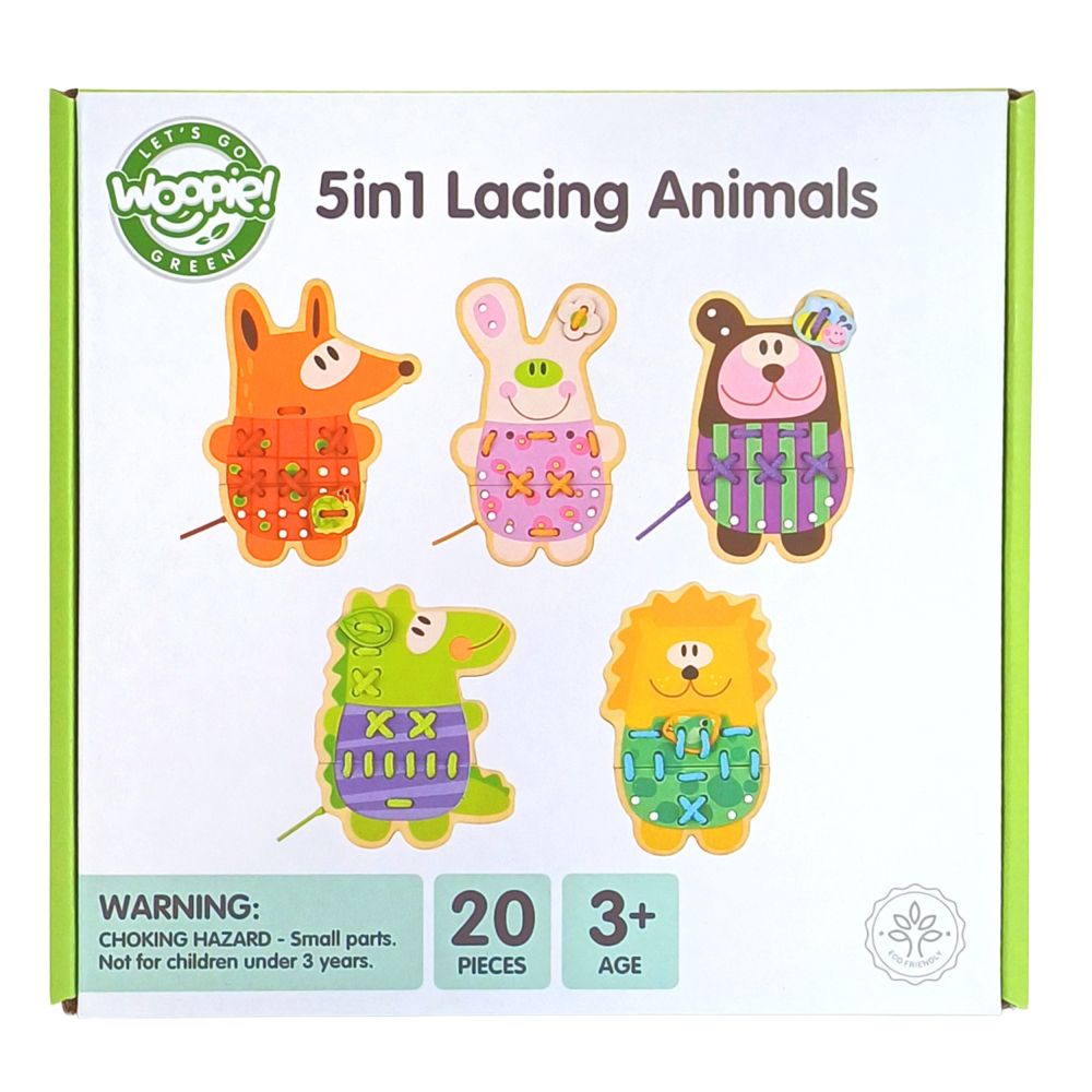 Edukacinis siūlų vėrimo rinkinys WOOPIE GREEN gyvūnėliai Wooden Lace 5-in-1