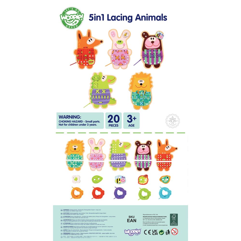 WOOPIE GREEN Wooden Lace 5-in-1 Animals for Threading 