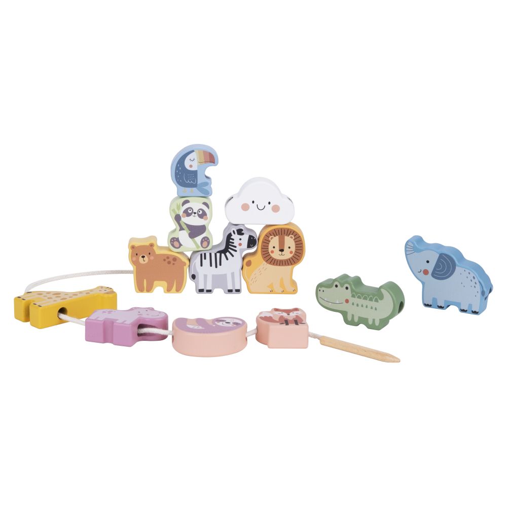 Mediniai vėrimo blokai WOOPIE GREEN Intertwining ZOO (Montessori), 13 vnt