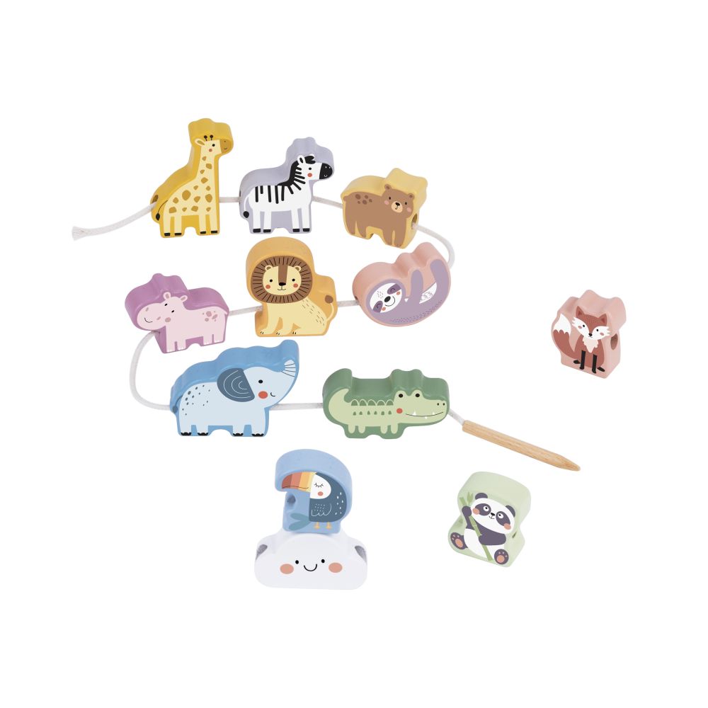Mediniai vėrimo blokai WOOPIE GREEN Intertwining ZOO (Montessori), 13 vnt