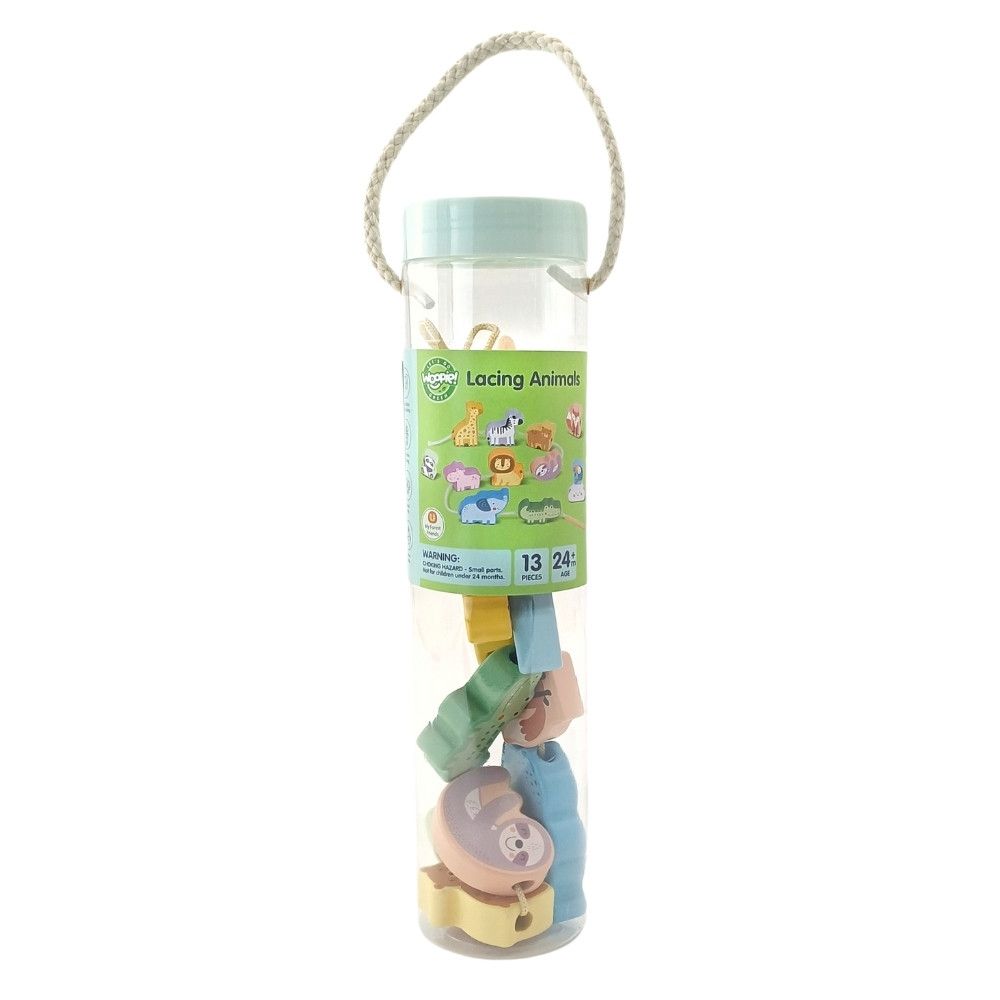 Mediniai vėrimo blokai WOOPIE GREEN Intertwining ZOO (Montessori), 13 vnt