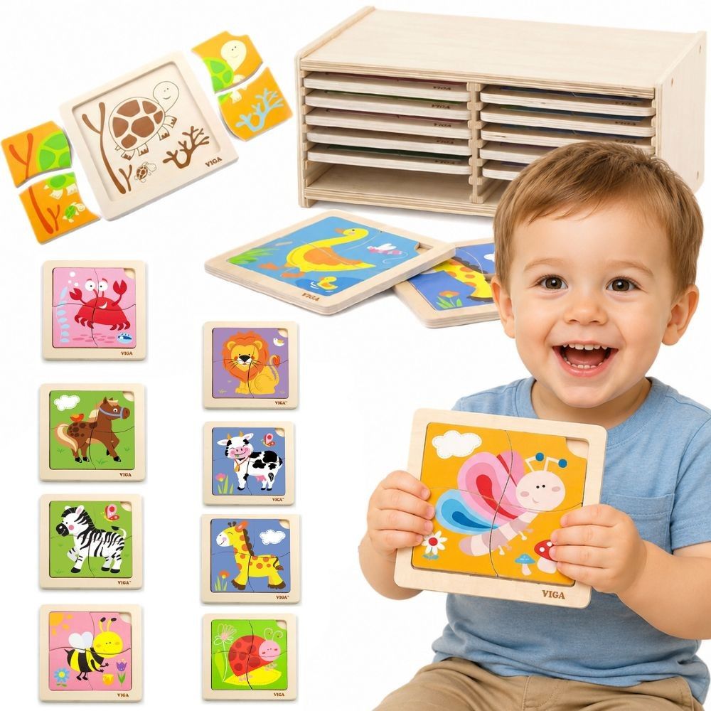 VIGA Wooden Puzzle 12 boards, 4 puzzles each, in a stand 