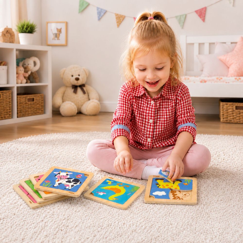 VIGA Wooden Puzzle 12 boards, 4 puzzles each, in a stand 