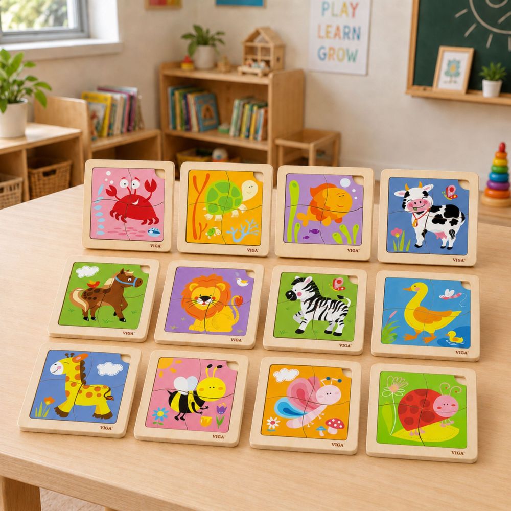 VIGA Wooden Puzzle 12 boards, 4 puzzles each, in a stand 