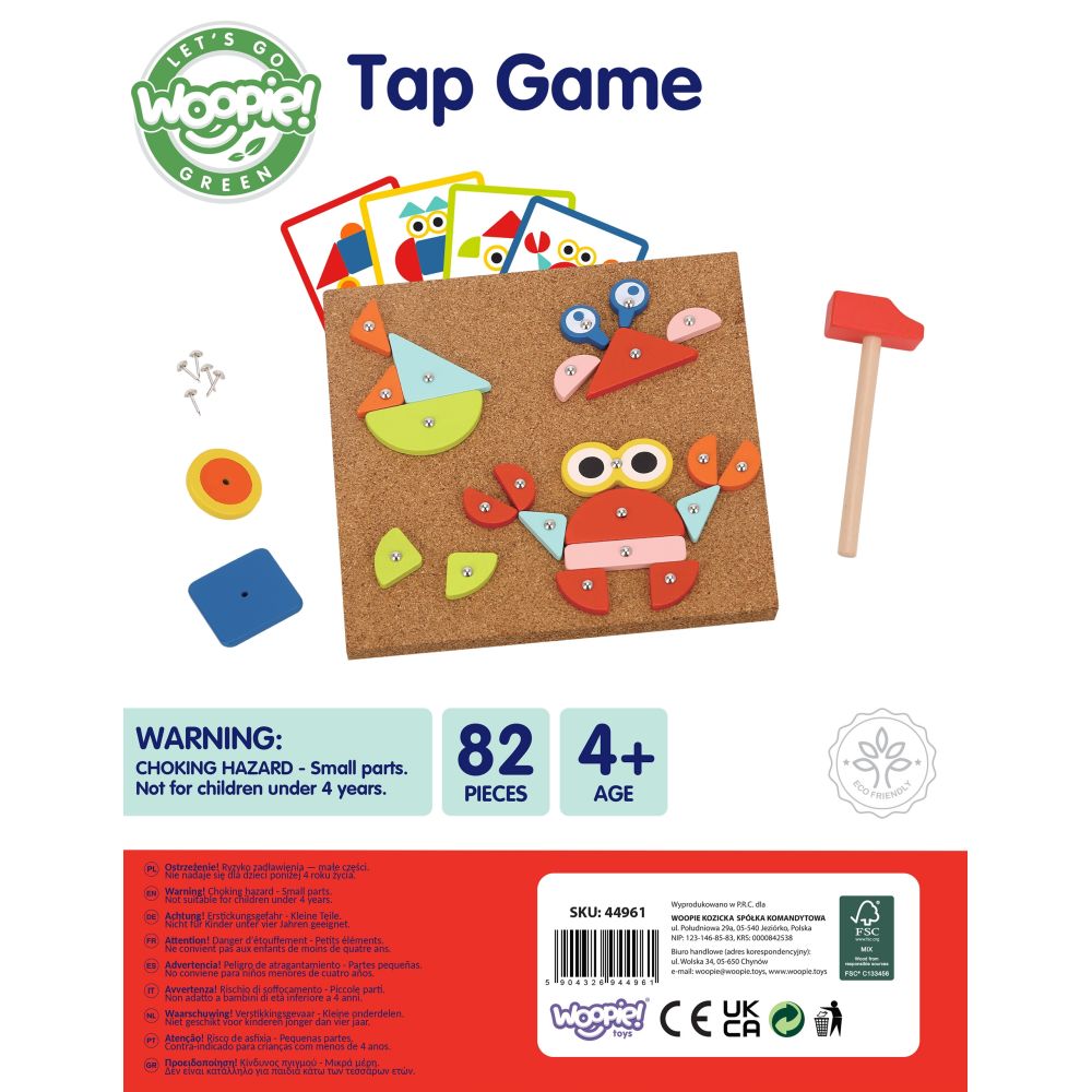 WOOPIE GREEN Wooden Nailing Hammer Puzzle 20 Patterns 82 Pieces FSC Certified 