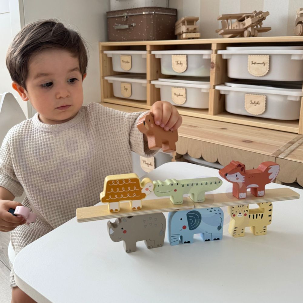 Mediniai blokeliai, dėlionė, bokštas, TOOKY TOY gyvūnėliai, Montessori, 13 vnt
