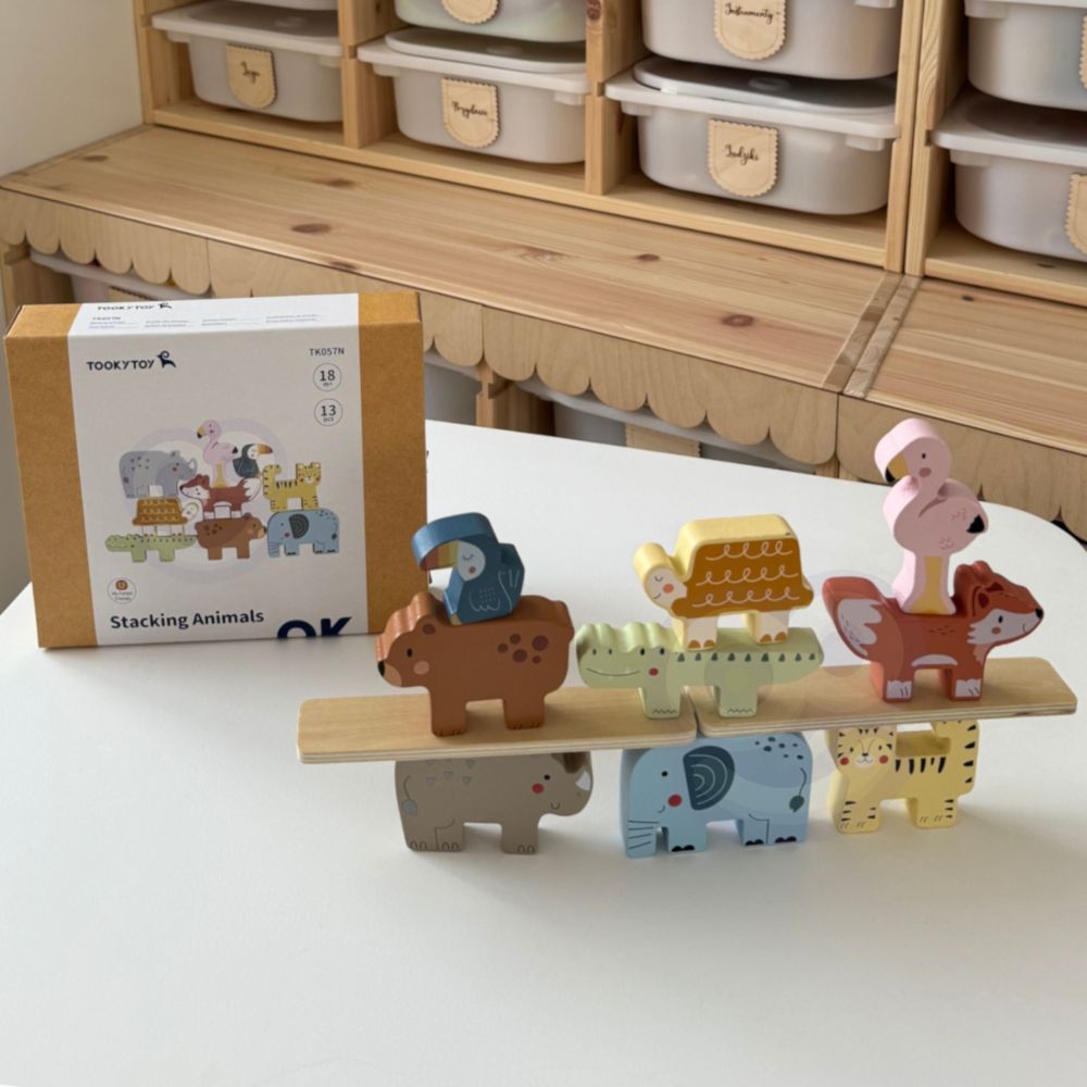 Mediniai blokeliai, dėlionė, bokštas, TOOKY TOY gyvūnėliai, Montessori, 13 vnt